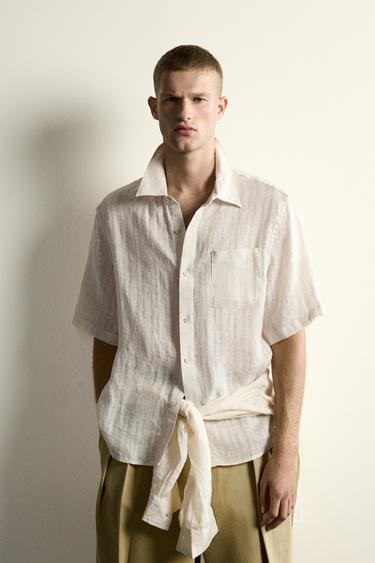 100% LINEN STRIPED JACQUARD SHIRT - Beige by Zara