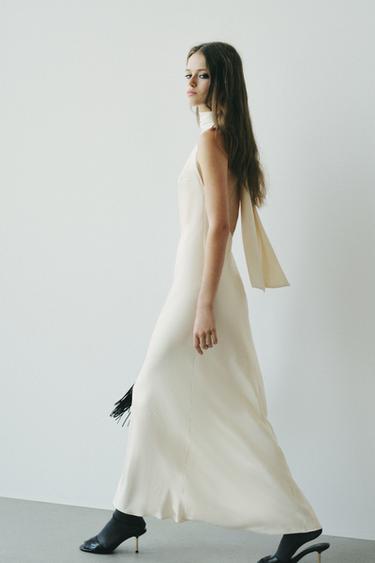 LONG SATIN DRESS WITH TIE DETAIL - Oyster-white by Zara