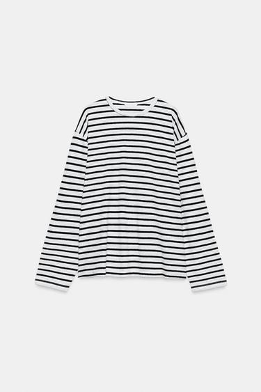 STRIPED COTTON AND LINEN T-SHIRT - Black / White by Zara