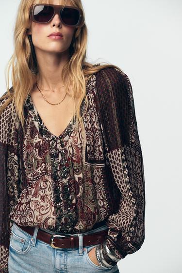 BEADED BLOUSE WITH METALLIC THREAD PRINT - Multicoloured by Zara