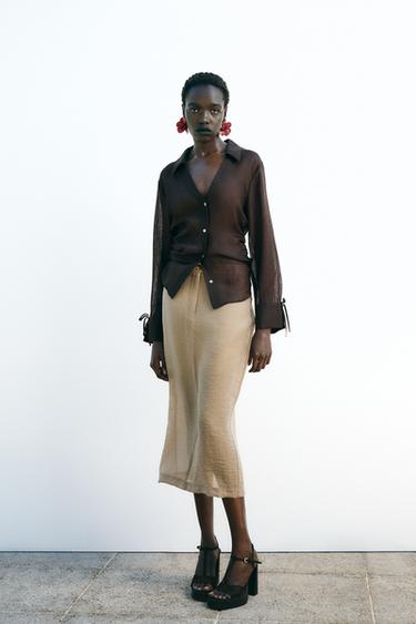 SEMI-SHEER SHIRT WITH TIE DETAIL - Dark brown by Zara - Image 0
