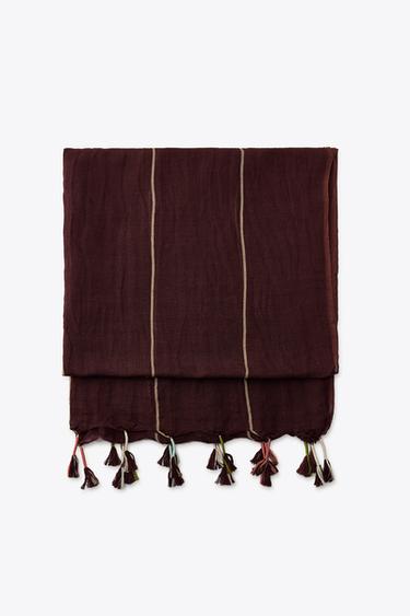 STRIPED FRINGED LINEN BLEND SCARF - Brown by Zara