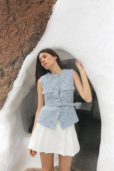 TEXTURED WAISTCOAT WITH BELT - White / Sky blue by Zara