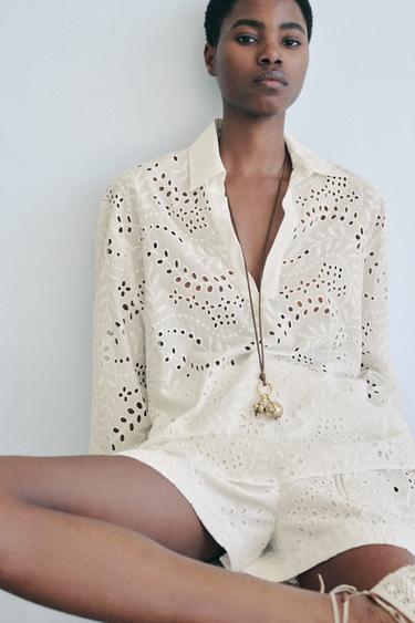 ZW COLLECTION SHIRT WITH CUTWORK EMBROIDERY - camel by Zara