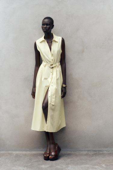 POPLIN MIDI DRESS WITH BELT - Yellow by Zara