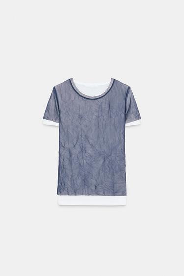 DOUBLE CRINKLED-EFFECT TULLE T-SHIRT - Navy / White by Zara