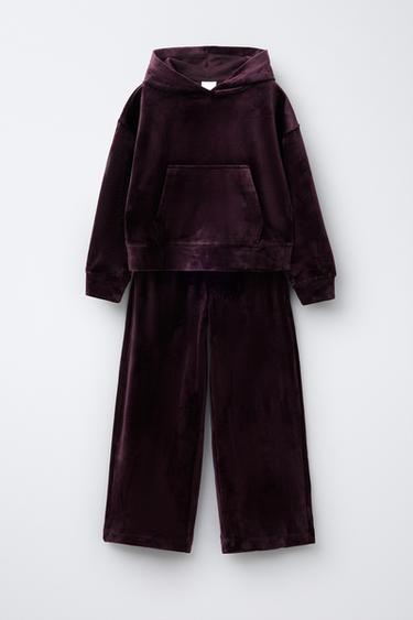 HOODIE AND WIDE-LEG VELOUR TROUSERS SET - Plum by Zara