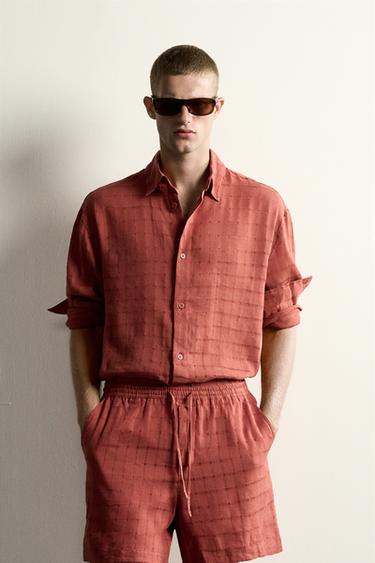 LINEN/COTTON CHECKED JACQUARD RELAXED FIT SHIRT - Brick by Zara