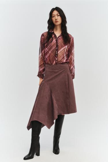 WASHED-EFFECT ASYMMETRIC SARONG SKIRT - Dark burgundy by Zara