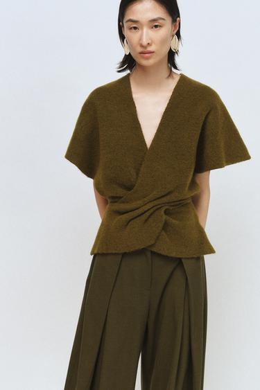 DRAPED KNIT SHORT SLEEVE JUMPER - mid khaki by Zara