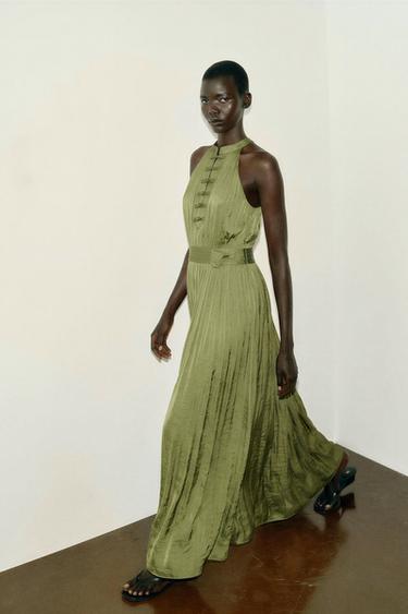MAXI HALTER DRESS WITH FROG FASTENING - Khaki by Zara