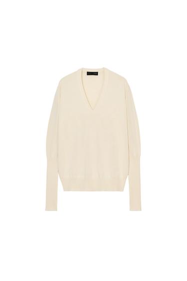 EXTRA-FINE KNIT V-NECK JUMPER - Mid-ecru by Zara
