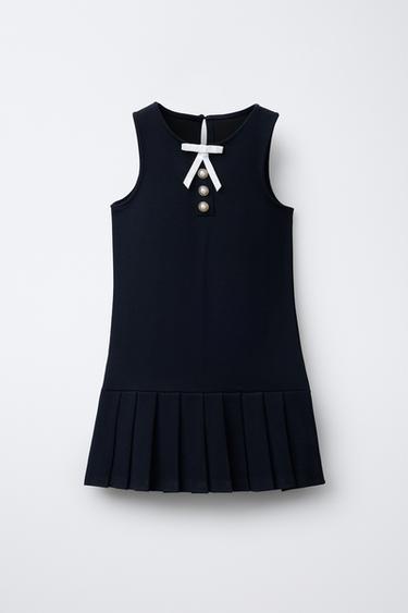 TEXTURED PINAFORE DRESS WITH BUTTONS AND BOW - Navy blue by Zara