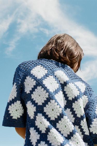 CROCHET KNIT ARGYLE OVERSHIRT - Navy blue by Zara