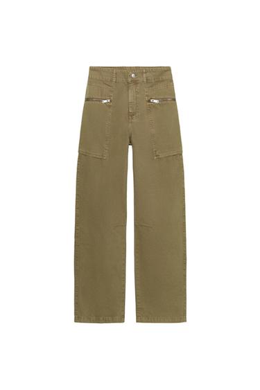 Z1975 MID-WAIST CARGO JEANS WITH ZIPS - Khaki by Zara