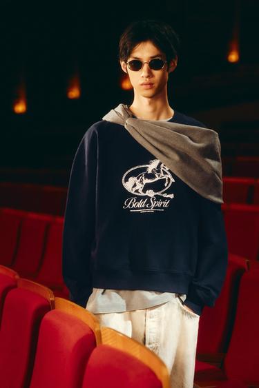 HORSE PRINT CREWNECK SWEATSHIRT - Navy blue by Zara