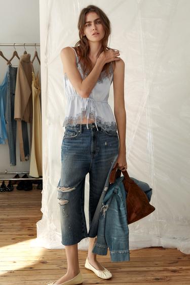 TRF RIPPED MID-WAIST DENIM JORTS BERMUDA SHORTS - Light blue by Zara