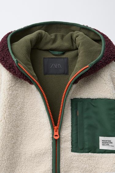 COLOUR BLOCK FAUX SHEARLING FLEECE-LINED JACKET - ecru/khaki by Zara