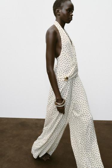 HALTER JUMPSUIT WITH POLKA DOTS - Ecru / Brown by Zara