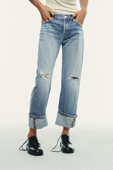 TRF RIPPED STRAIGHT MID-WAIST JEANS - Blue by Zara