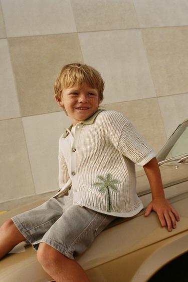 PALM TREE EMBROIDERED KNIT SHIRT - ecru/khaki by Zara