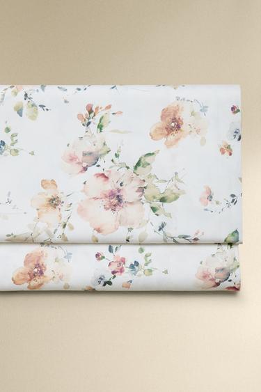 WILD FLOWERS SATEEN FLAT SHEET (300 THREAD COUNT) - Light beige by Zara