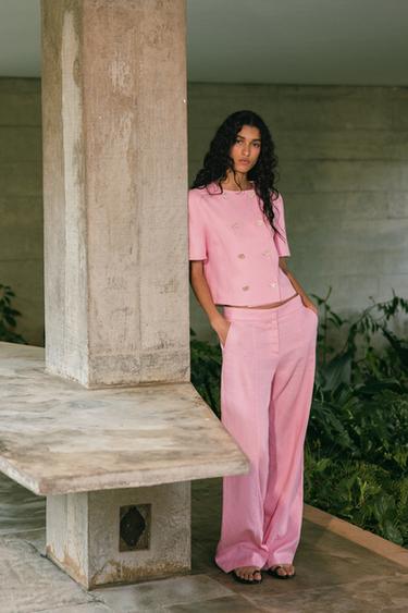 STRAIGHT-LEG LINEN BLEND TROUSERS - Pink by Zara - Image 0