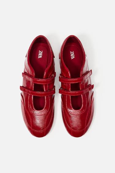 DOUBLE STRAP FAUX-PATENT BALLET FLATS - Red by Zara