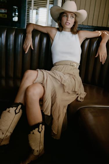 DRESS WITH BELT AND RUFFLES - CAMEL/WHITE  by Zara