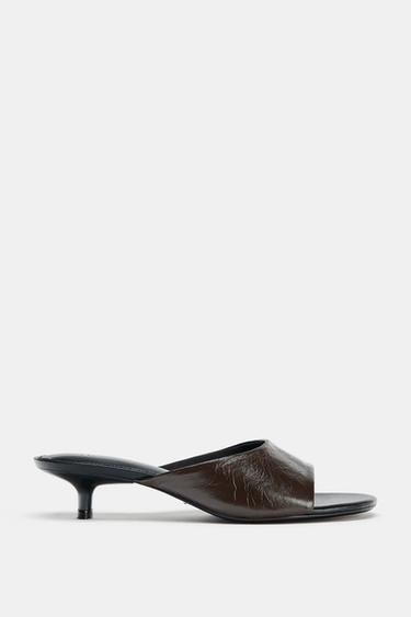 LEATHER KITTEN HEEL SANDALS - Brown by Zara