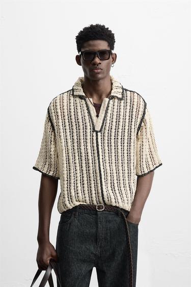 CROCHET TEXTURED POLO SHIRT - Black / White by Zara
