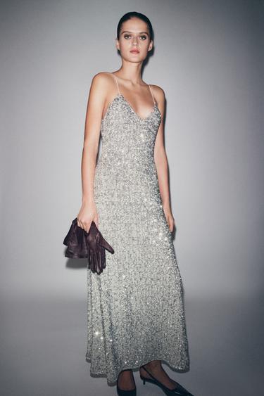 ZW COLLECTION LONG SEQUIN DRESS - Silver by Zara