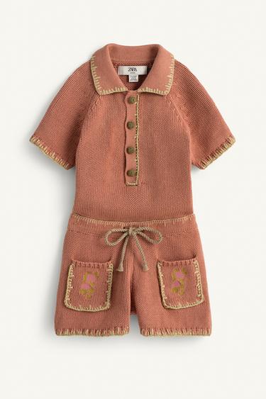 LIMITED EDITION CROSS-STITCH FLORAL EMBROIDERY KNIT PLAYSUIT - Brick by Zara
