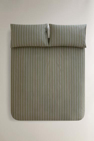 STRIPED COTTON DUVET COVER - Green by Zara