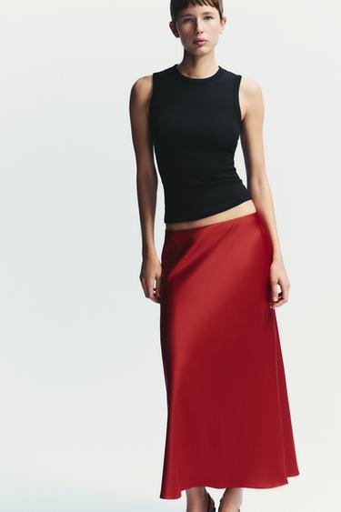 SATIN MIDI SKIRT - Red by Zara