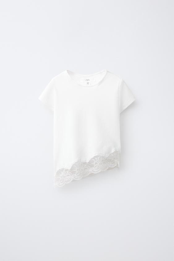 PLAIN T-SHIRT WITH LACE HEM - White by Zara - Image 0