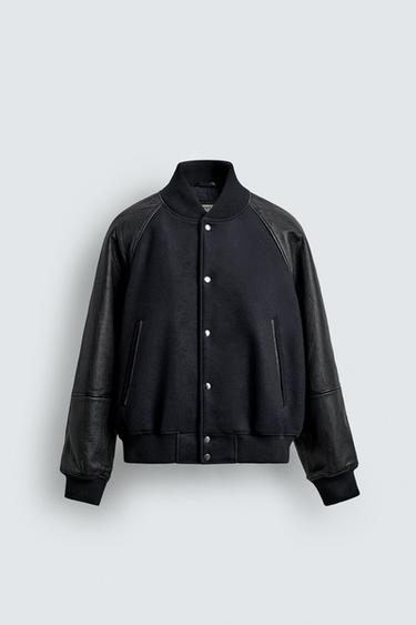 LIMITED EDITION CONTRAST LEATHER BOMBER JACKET - Dark navy by Zara