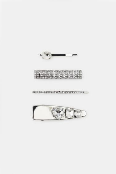 PACK OF 4 METALLIC RHINESTONE HAIR CLIPS - Silver by Zara