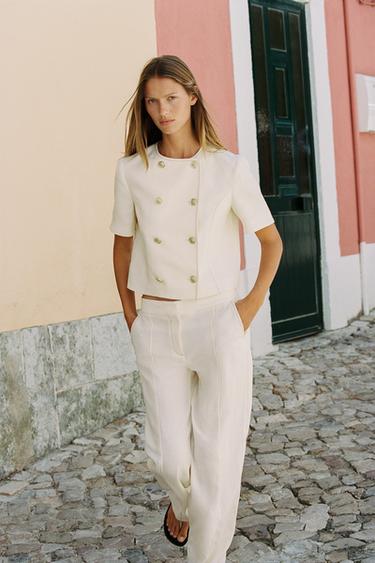 LINEN BLEND STRAIGHT-LEG TROUSERS WITH CONTRAST STITCHING - Ecru by Zara