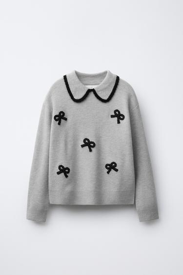 KNIT SWEATER WITH BOWS - Grey by Zara