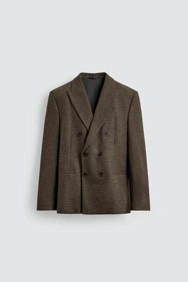 WOOL BLEND CHECK DOUBLE-BREASTED BLAZER - Brown by Zara