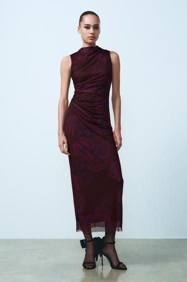 PRINTED DRAPED TULLE DRESS - Burgundy by Zara - Image 0