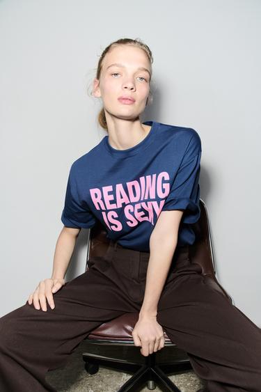 OVERSIZE T-SHIRT WITH SLOGAN - Blue marl by Zara - Image 0