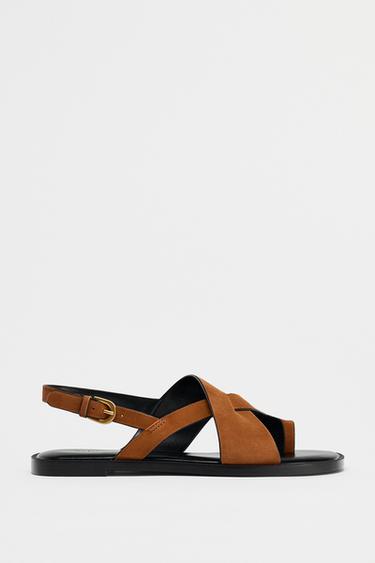 FLAT SPLIT SUEDE STRAPPY SANDALS - Brown by Zara