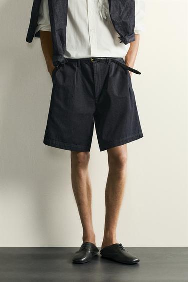 PLEATED RELAXED FIT DENIM CHINO BERMUDA SHORTS - Indigo by Zara