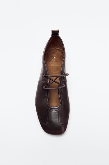 LEATHER LACE-UP BALLET FLATS - Brown by Zara