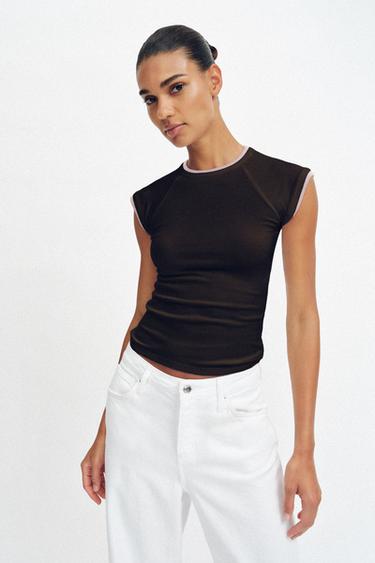 DOUBLE SHORT SLEEVE EFFECT T-SHIRT - Chocolate by Zara