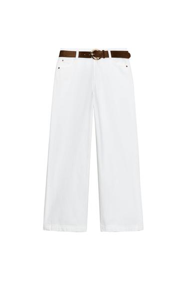 HIGH-WAIST WIDE-LEG CROPPED BELTED JEANS - White by Zara