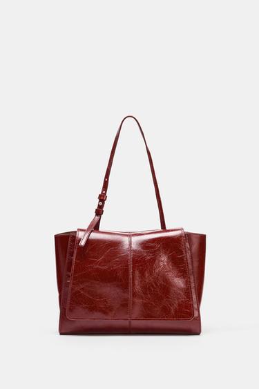 LEATHER MINI TOTE BAG WITH DOUBLE POCKET - Cherry Red by Zara