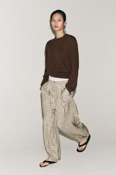 ZW COLLECTION FLOWING CHECK TROUSERS - Ecru by Zara